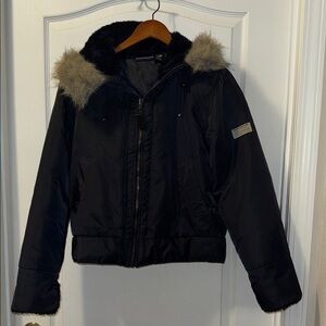 Black DKNY Jeans petites Jacket with Faux Fur Trim